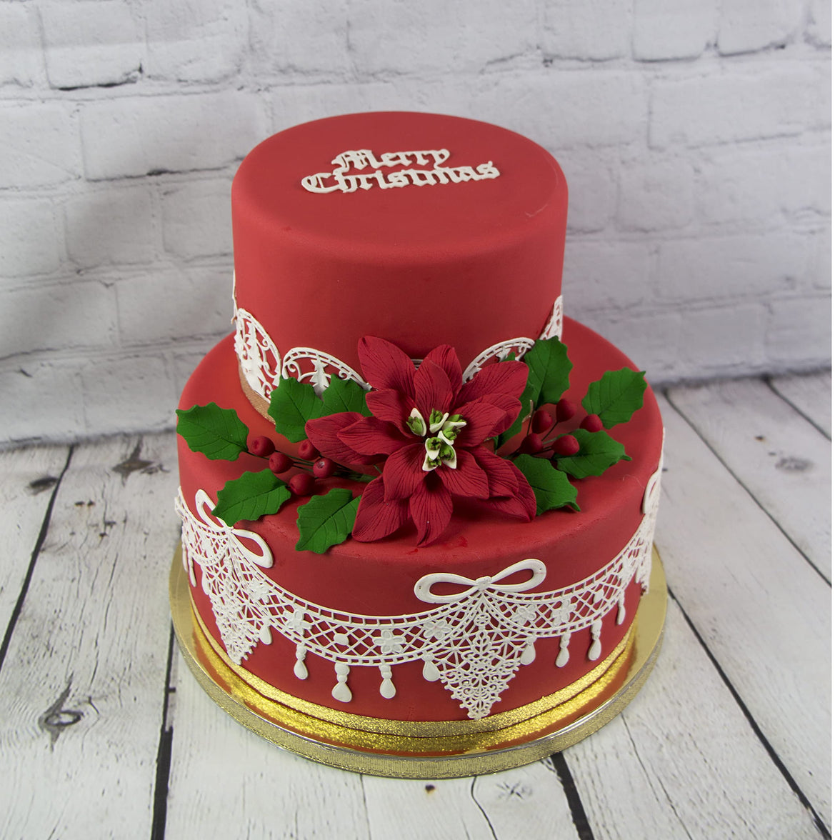 Poinsettia Sugar Flower & Holly Leaf Spray Kit for Cakes, by Global Sugar Art, Large with Berries