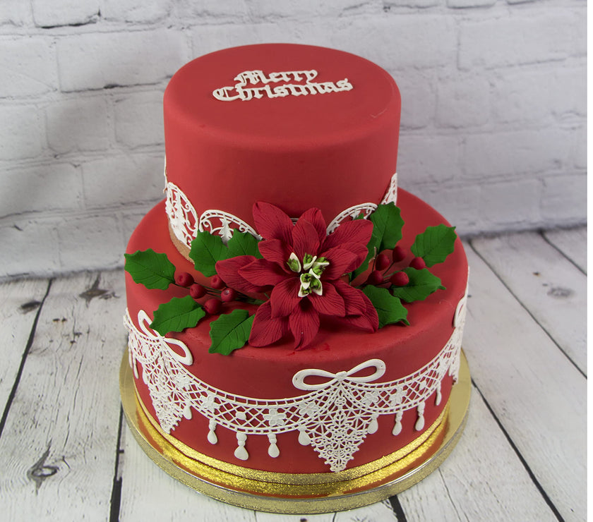 Poinsettia Sugar Flower & Holly Leaf Spray Kit for Cakes, by Global Sugar Art, Large with Berries