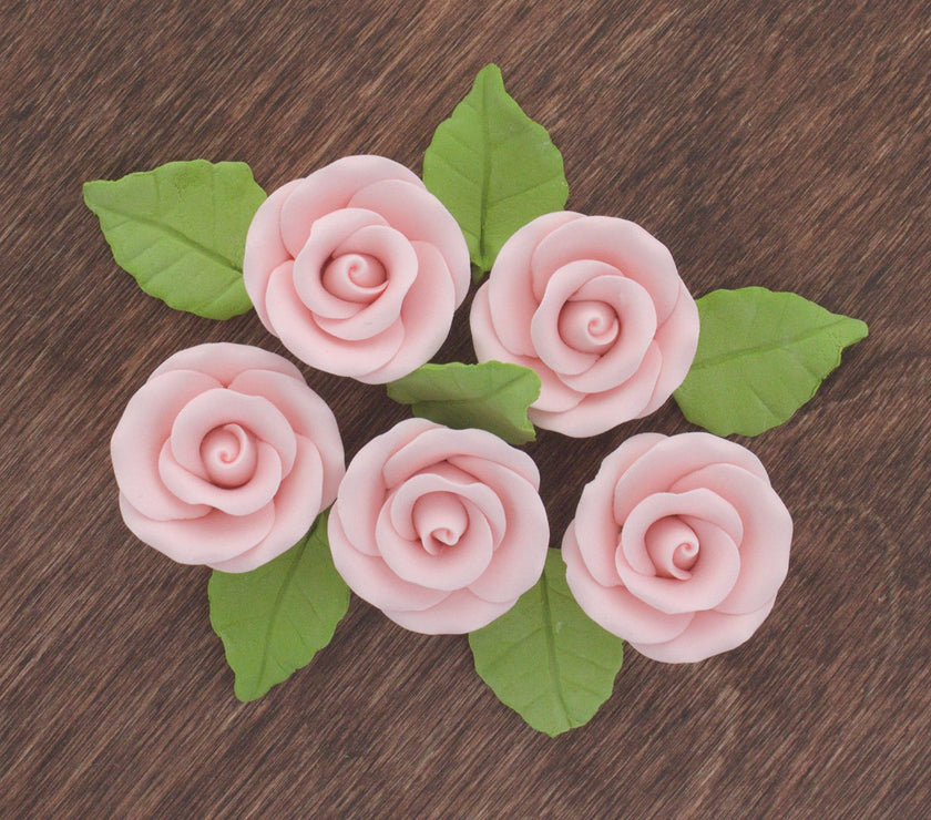 Premium Edible Roses with Leaves, Edible Sugar Cake & Cupcake Flower Kit, by Global Sugar Art, Pink
