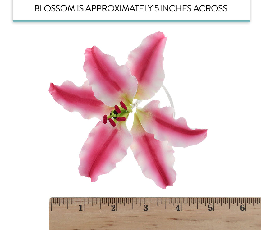 Stargazer Lily Sugar Flowers with Leaf Sprays by Global Sugar Art, Pink and White, 3 Count