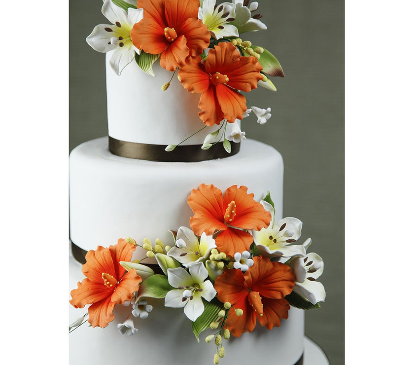 Hibiscus Sugar Cake Flowers, Orange Tropical Sugar Flowers, by Global Sugar Art