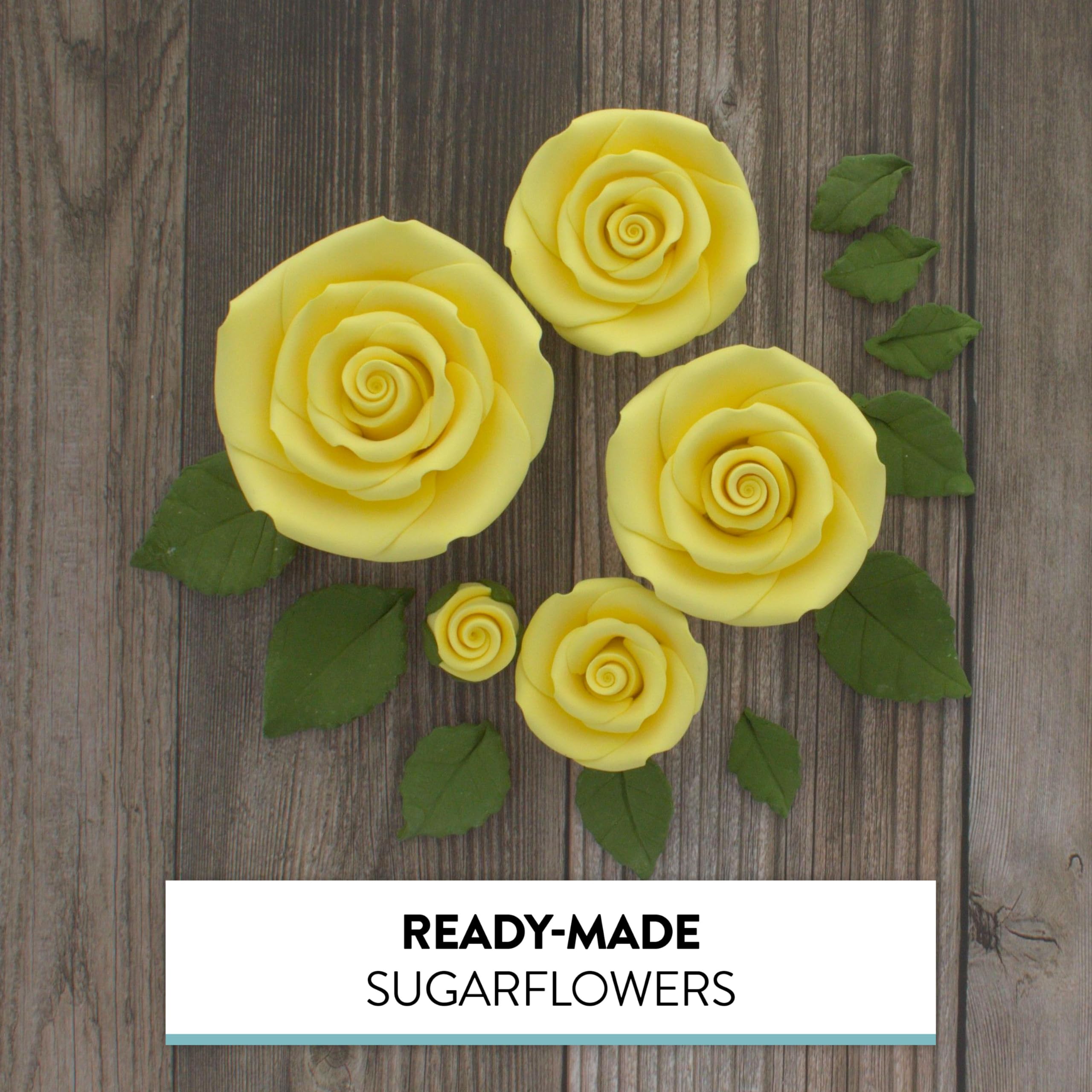 Exquisite Rose & Leaf Kit, Sugar Cake Flowers by Global Sugar Art, Yellow Roses with Leaves, 15-Piece Set