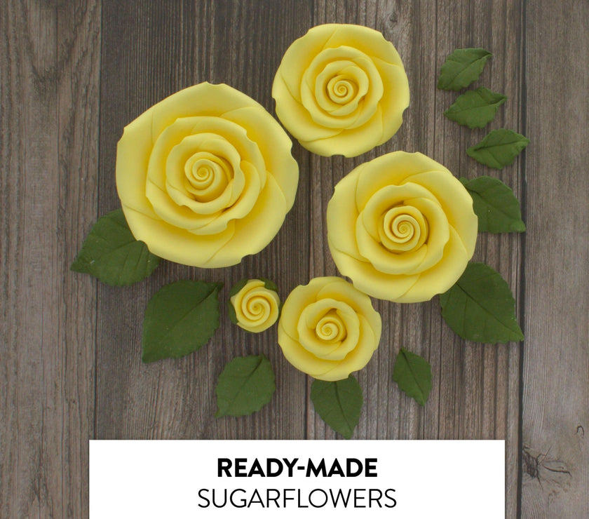 Exquisite Rose & Leaf Kit, Sugar Cake Flowers by Global Sugar Art, Yellow Roses with Leaves, 15-Piece Set