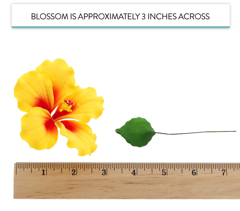Global Sugar Art Hibiscus Sugar Cake Flowers, Yellow with Red, 3 Count with Leaves by Chef Alan Tetreault