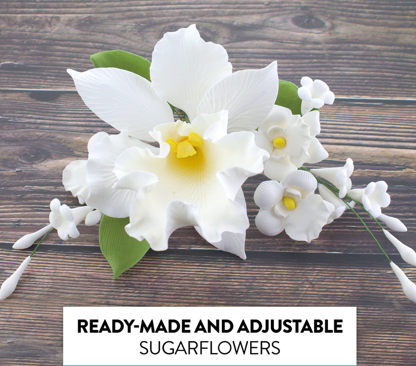 Orchid Sugar Cake Flower Sprays, White Cattleya Arched Orchid Spray, by Global Sugar Art