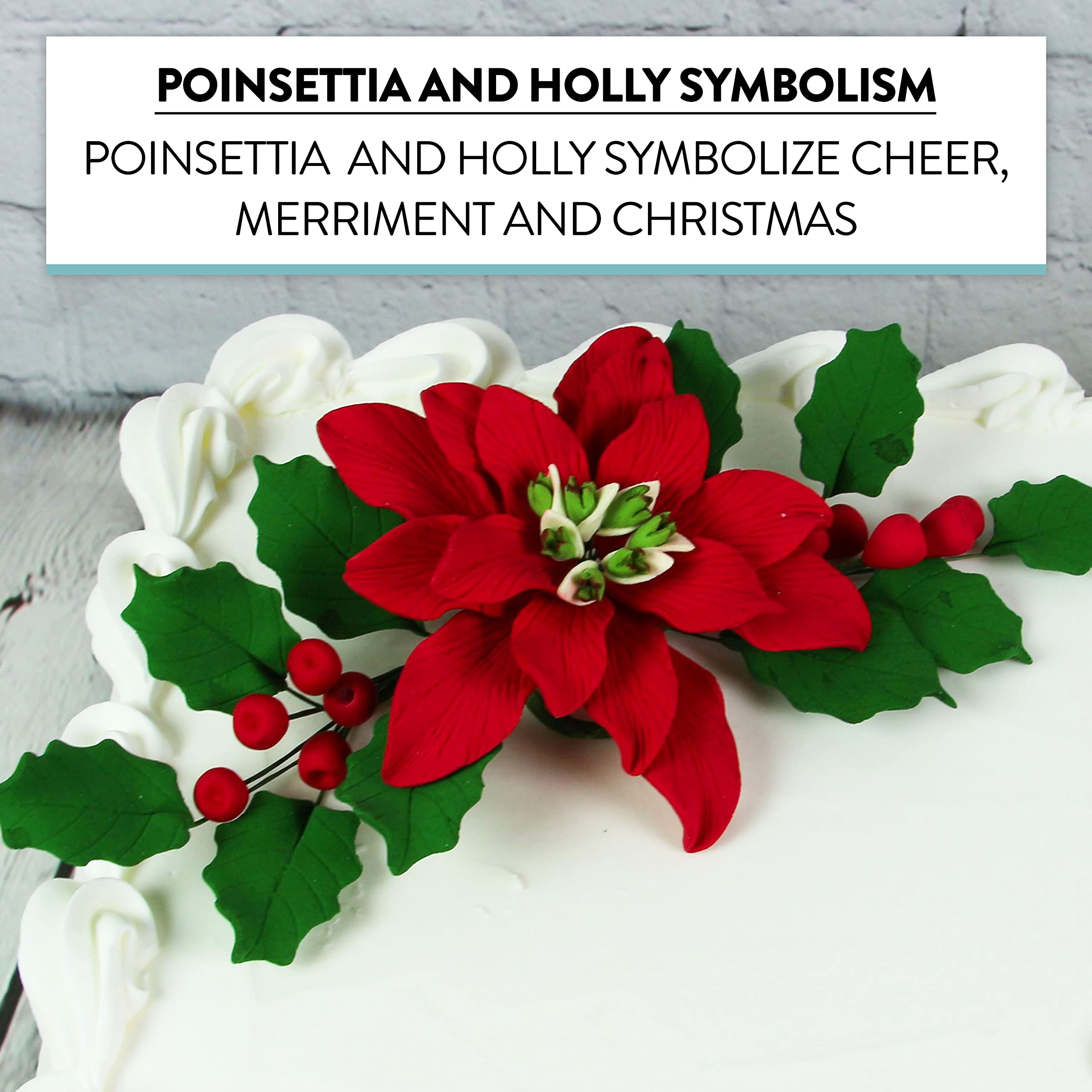 Poinsettia Sugar Flower & Holly Leaf Spray Kit for Cakes, by Global Sugar Art, Large with Berries