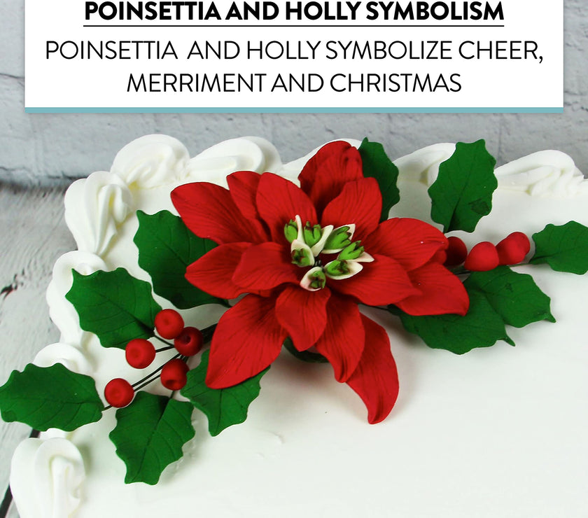 Poinsettia Sugar Flower & Holly Leaf Spray Kit for Cakes, by Global Sugar Art, Large with Berries