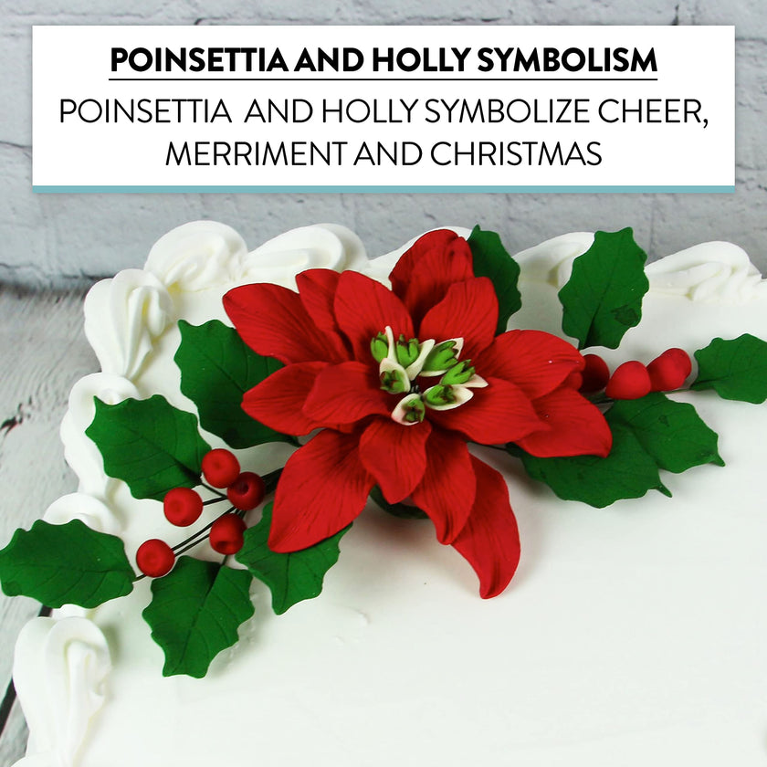 Poinsettia Sugar Flower & Holly Leaf Spray Kit for Cakes, by Global Sugar Art, Large with Berries