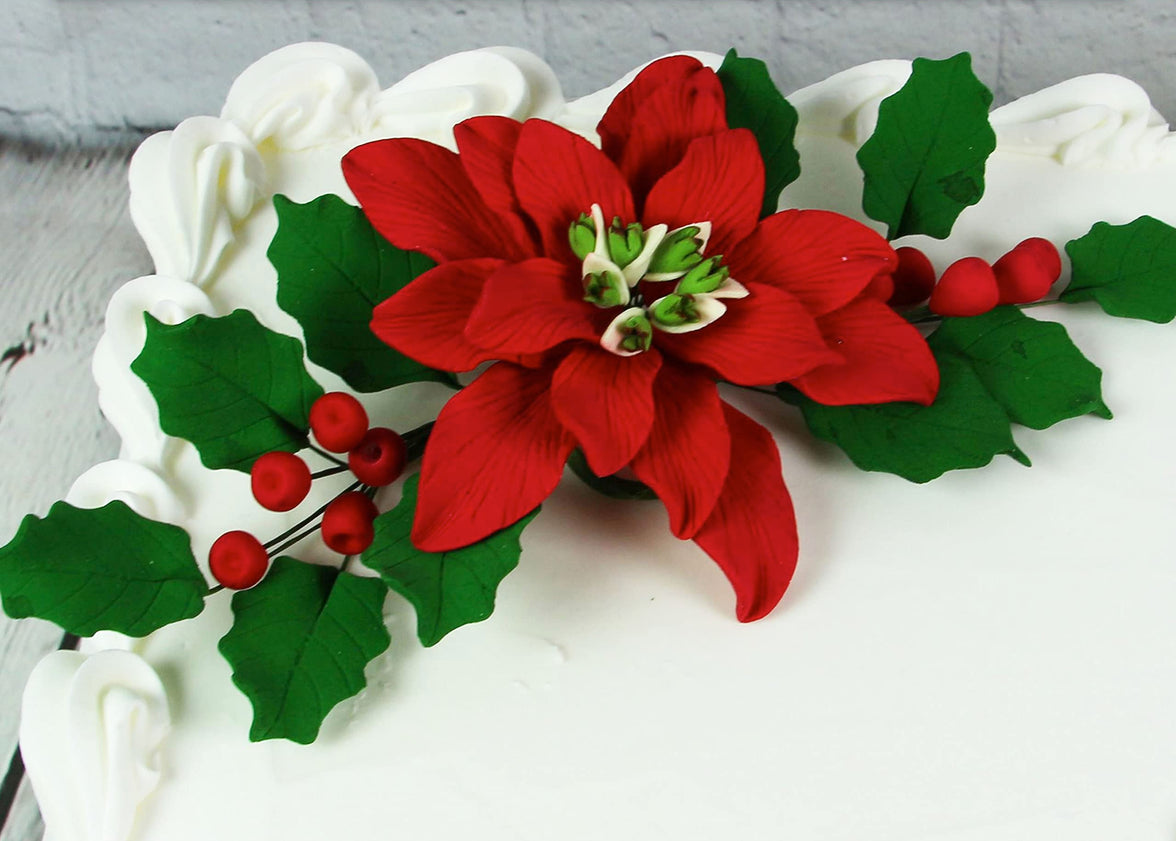 Poinsettia Sugar Flower & Holly Leaf Spray Kit for Cakes, by Global Sugar Art, Large with Berries