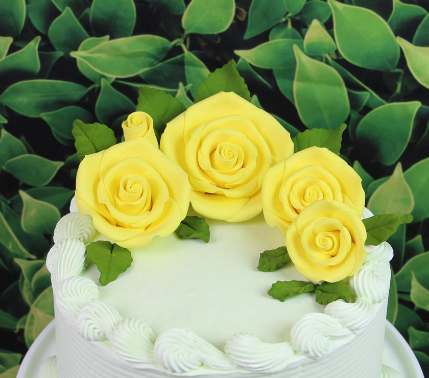 Exquisite Rose & Leaf Kit, Sugar Cake Flowers by Global Sugar Art, Yellow Roses with Leaves, 15-Piece Set