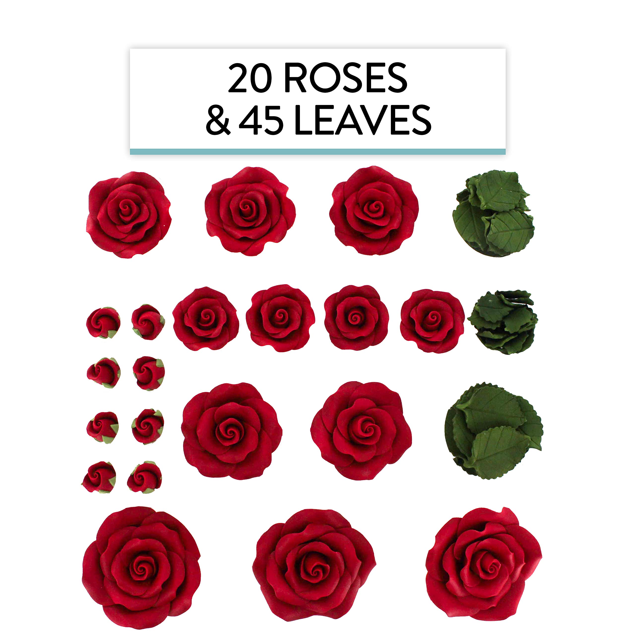 Exquisite Rose & Leaf Kit, Sugar Cake Flowers by Global Sugar Art, Red Roses with Leaves, 65-Piece Set
