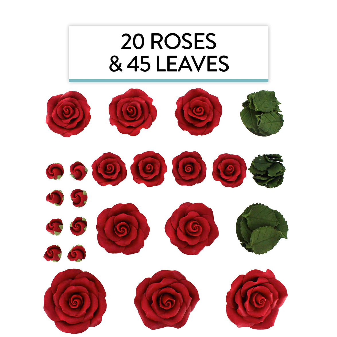 Exquisite Rose & Leaf Kit, Sugar Cake Flowers by Global Sugar Art, Red Roses with Leaves, 65-Piece Set