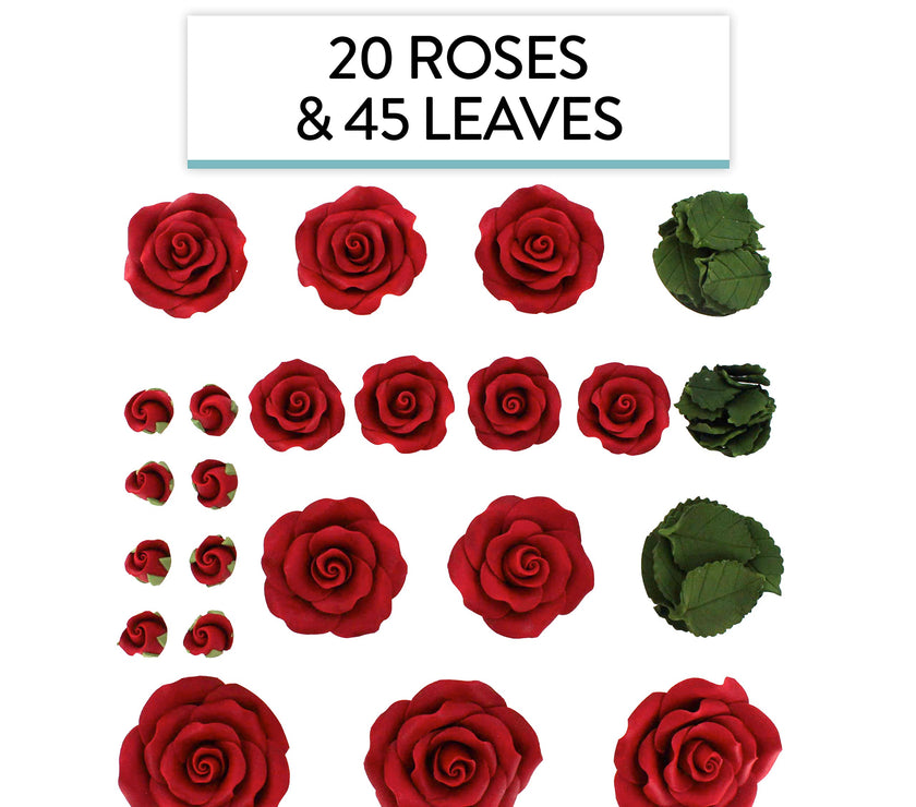 Exquisite Rose & Leaf Kit, Sugar Cake Flowers by Global Sugar Art, Red Roses with Leaves, 65-Piece Set