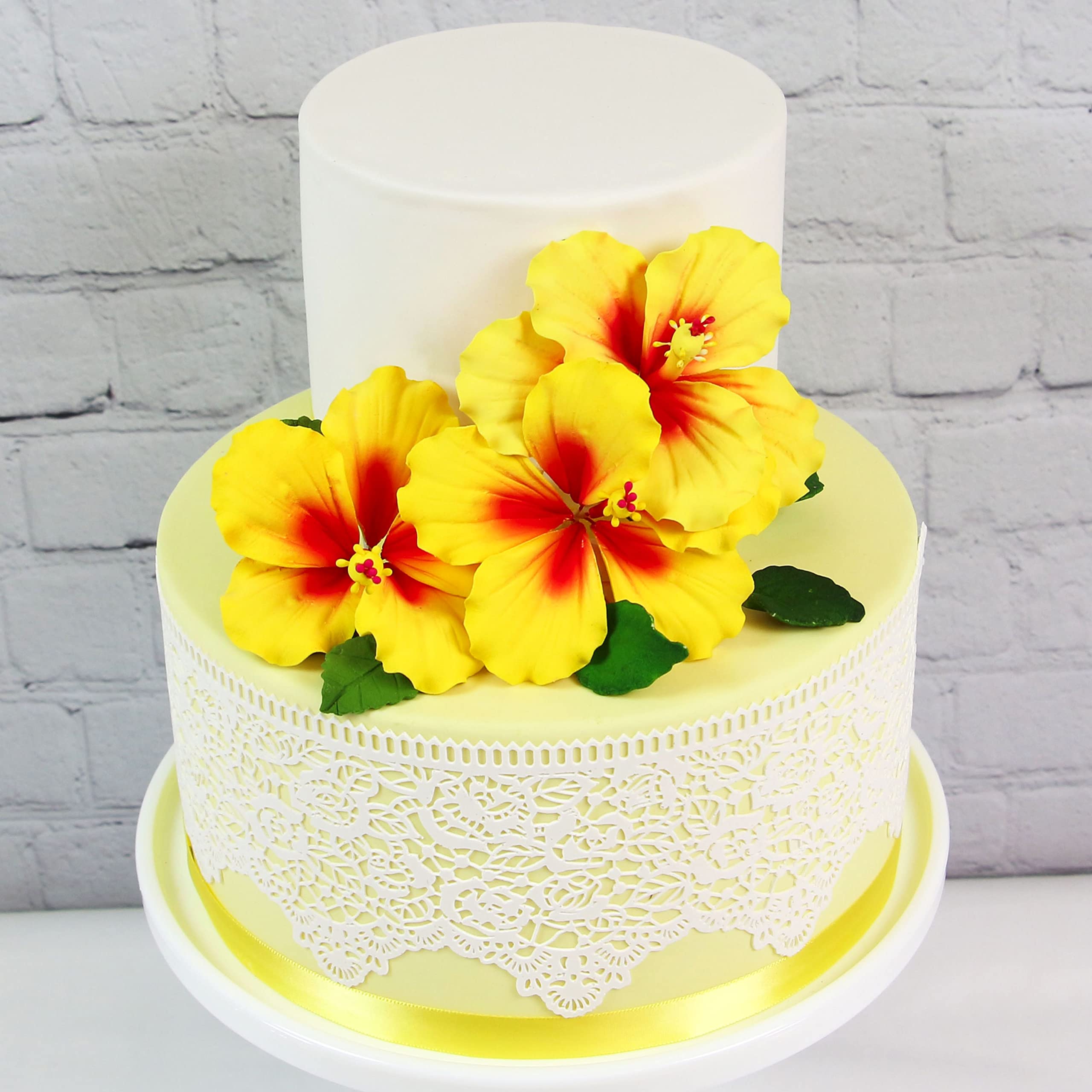 Global Sugar Art Hibiscus Sugar Cake Flowers, Yellow with Red, 3 Count with Leaves by Chef Alan Tetreault