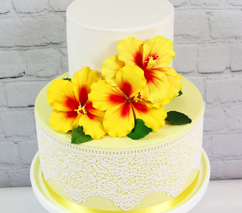 Global Sugar Art Hibiscus Sugar Cake Flowers, Yellow with Red, 3 Count with Leaves by Chef Alan Tetreault