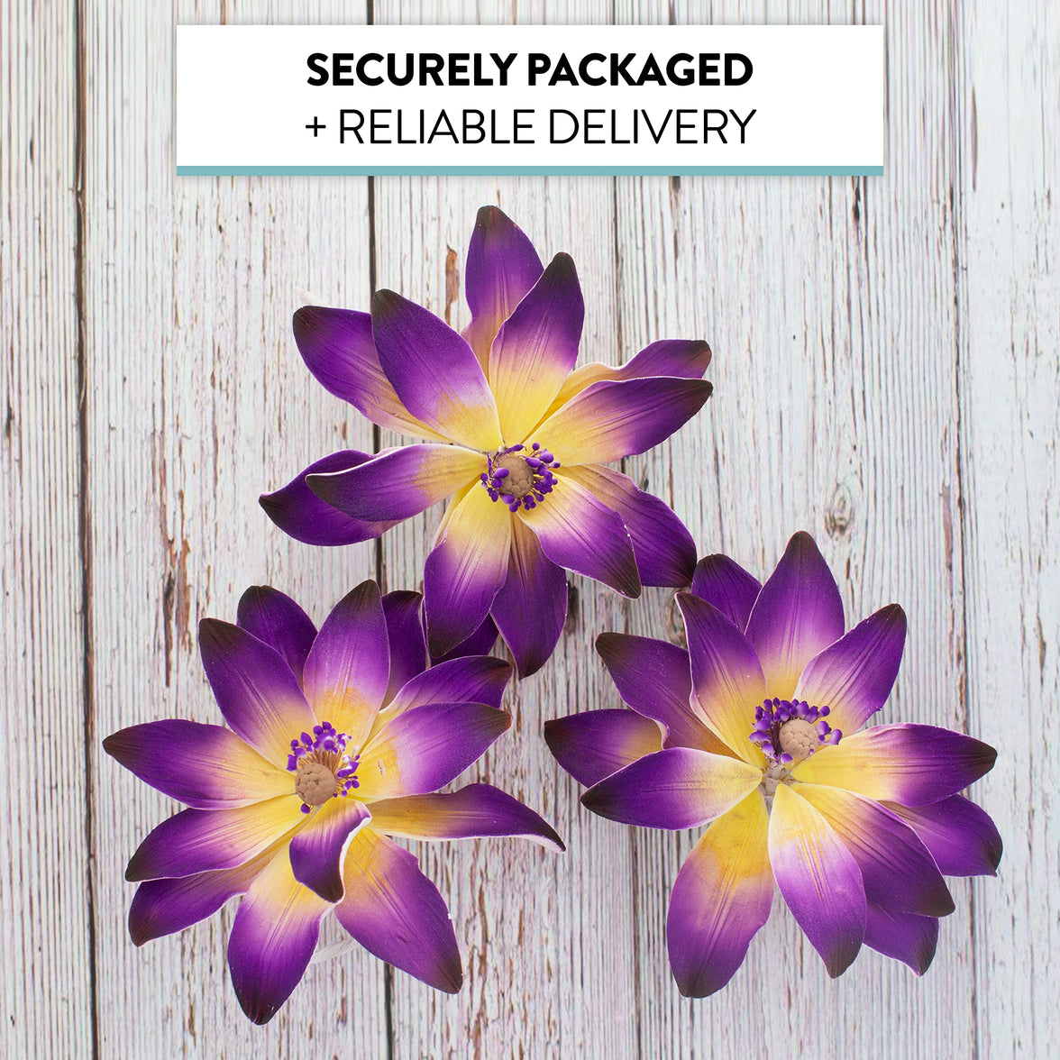 Tranquil Water Flowers, Decorative Sugar Cake Flowers by Global Sugar Art, 3 Count, Purple