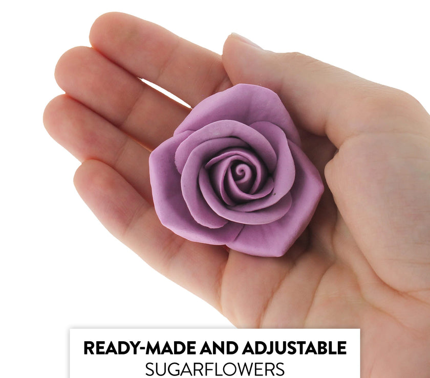 Peace Rose Sugar Flowers with Leaves, Cake Decorating Kit, by Global Sugar Art, Medium, Lavender