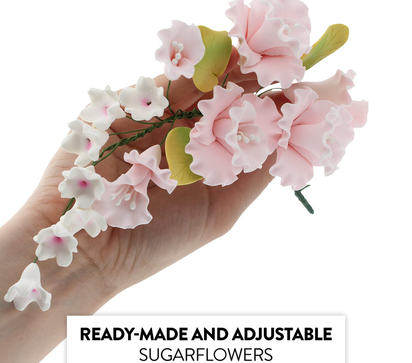 Flower Blossom Spray, Gum Paste Sugar Flowers for Cake Decorating, White Cherry Blossoms with Leaves