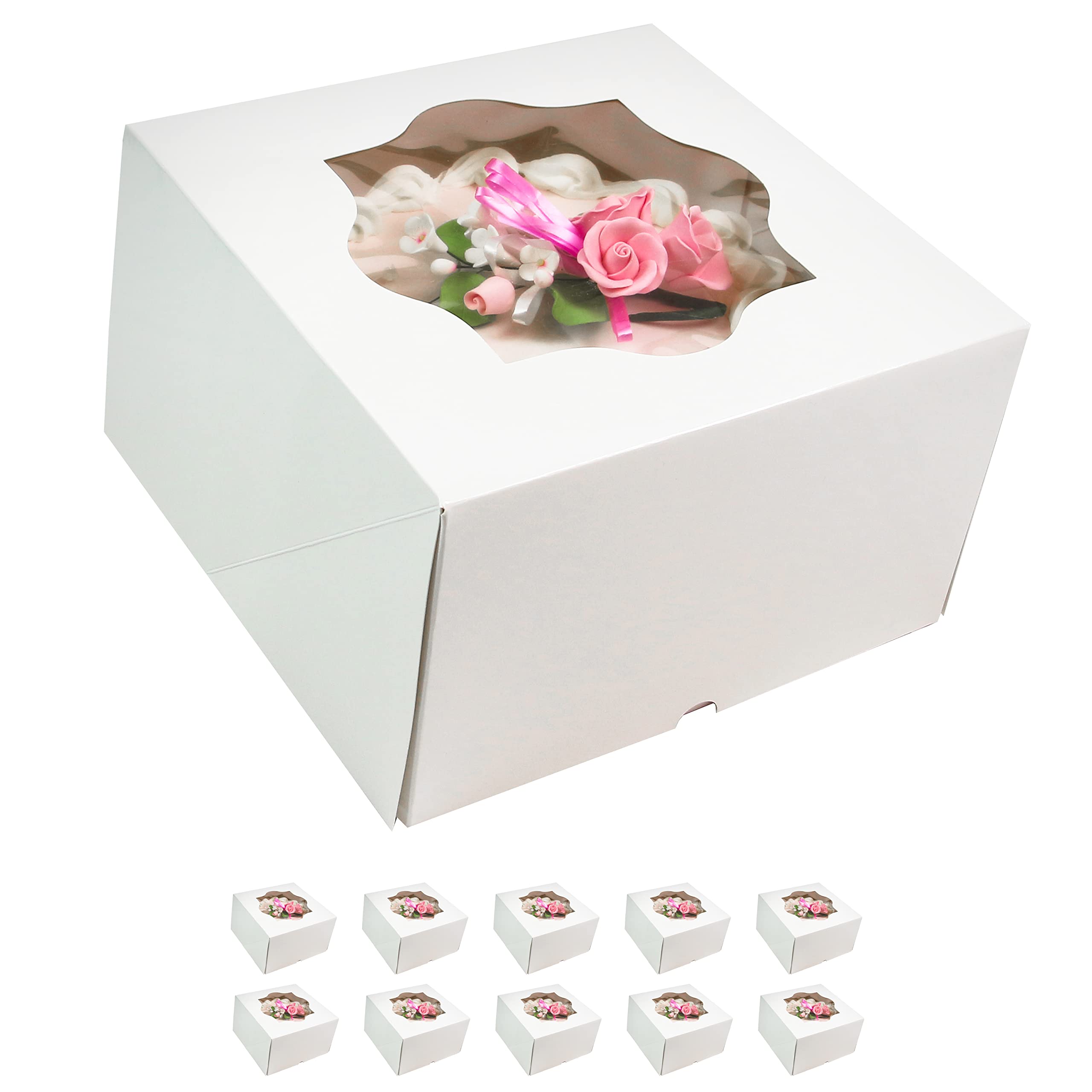 Global Sugar Art Auto-Popup Deep Square Cake Box with Window, 8 x 8 x 5 Inches