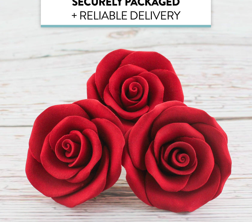 Classic Tea Rose Sugar Cake Flowers, by Global Sugar Art, Wired, Red with Green Calyx, Smedium