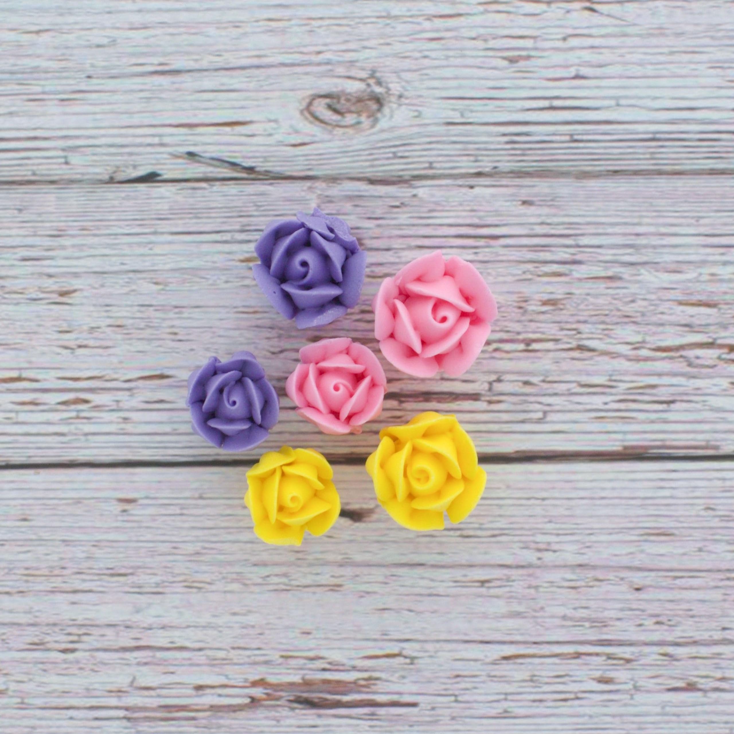 Edible Royal Icing Roses, Two Dozen Roses for Cupcake Decorating, by Global Sugar Art, Pink, Lavender, & Yellow Rose Set