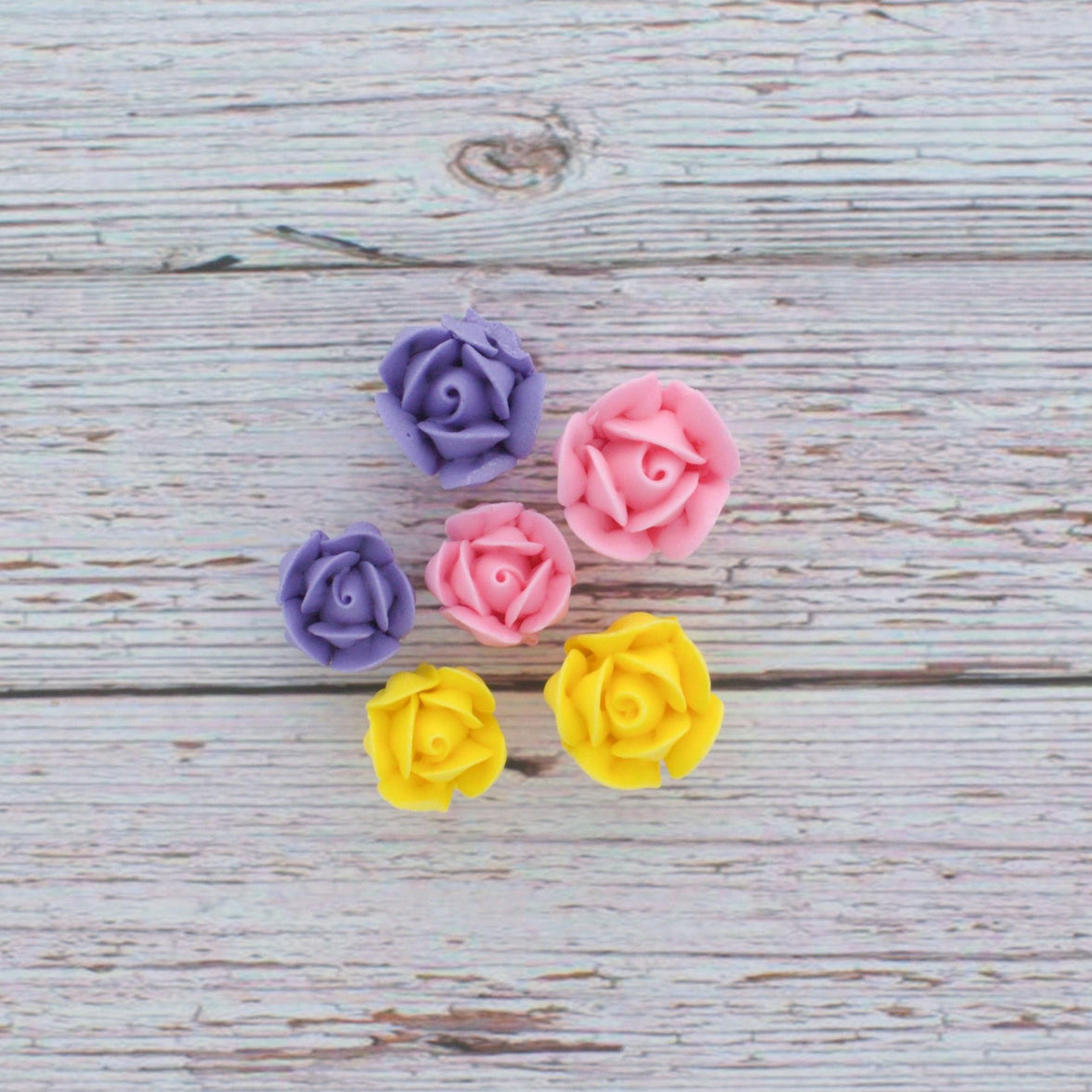 Edible Royal Icing Roses, Two Dozen Roses for Cupcake Decorating, by Global Sugar Art, Pink, Lavender, & Yellow Rose Set