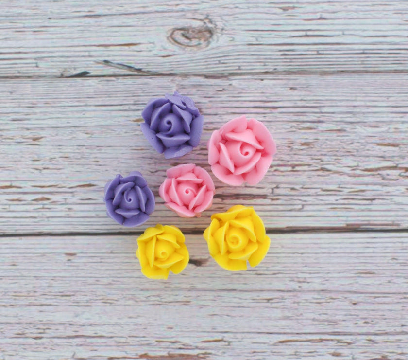 Edible Royal Icing Roses, Two Dozen Roses for Cupcake Decorating, by Global Sugar Art, Pink, Lavender, & Yellow Rose Set
