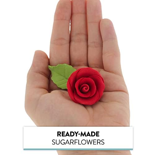 Premium Edible Roses with Leaves, Edible Sugar Cake & Cupcake Flower Kit, by Global Sugar Art, Red