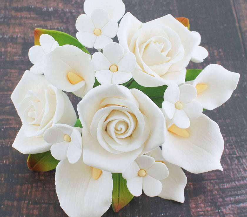 Wedding Cake Topper, White Calla Lily and Rose Bouquet, by Global Sugar Art