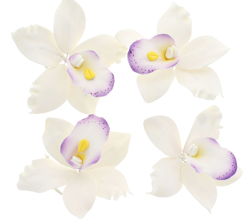 Orchid Sugar Cake Flowers, Pearly Orchids, by Global Sugar Art, Large, White with Purple, 4 Count