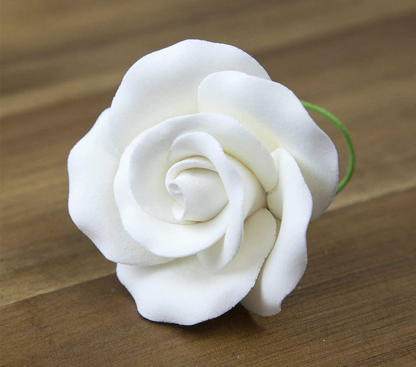 Classic Tea Rose Sugar Cake Flowers, by Global Sugar Art, Wired, White, Medium