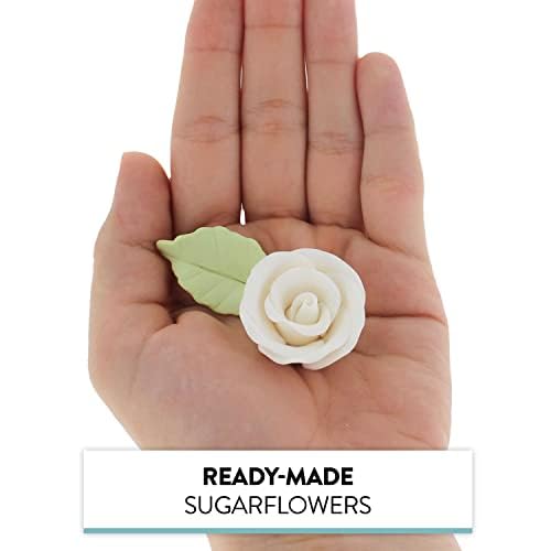 Premium Edible Roses with Leaves, Edible Sugar Cake & Cupcake Flower Kit, by Global Sugar Art, White