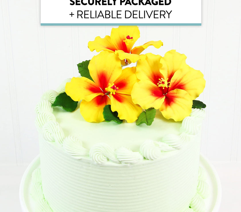 Global Sugar Art Hibiscus Sugar Cake Flowers, Yellow with Red, 3 Count with Leaves by Chef Alan Tetreault