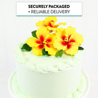 Global Sugar Art Hibiscus Sugar Cake Flowers, Yellow with Red, 3 Count with Leaves by Chef Alan Tetreault