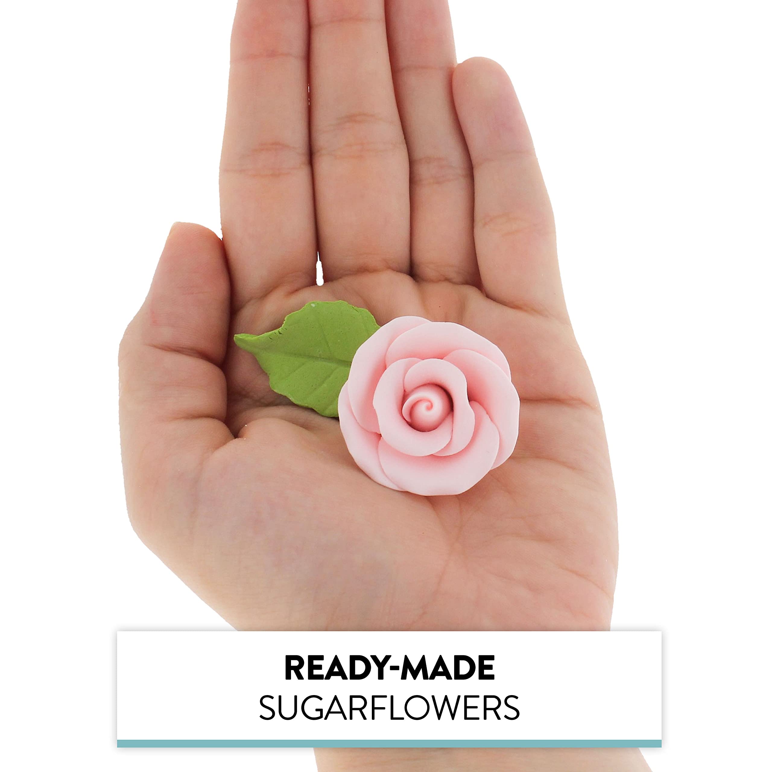 Premium Edible Roses with Leaves, Edible Sugar Cake & Cupcake Flower Kit, by Global Sugar Art, Pink
