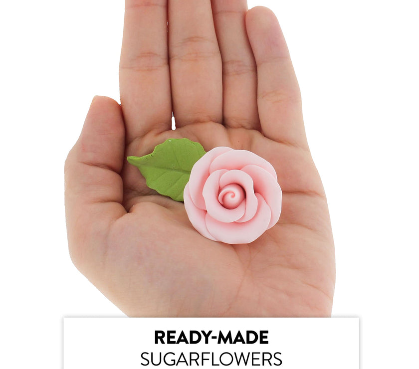 Premium Edible Roses with Leaves, Edible Sugar Cake & Cupcake Flower Kit, by Global Sugar Art, Pink