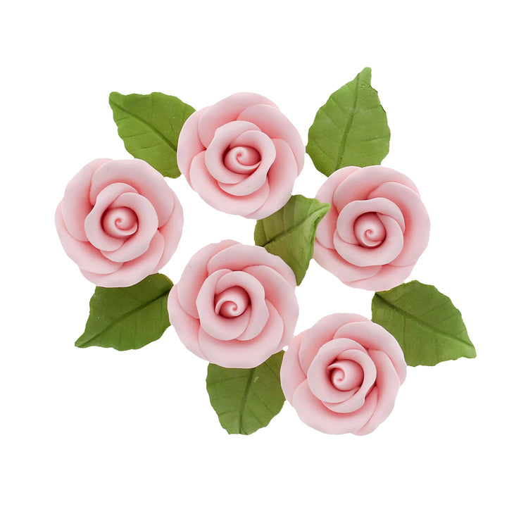Premium Edible Roses with Leaves, Edible Sugar Cake & Cupcake Flower Kit, by Global Sugar Art, Pink