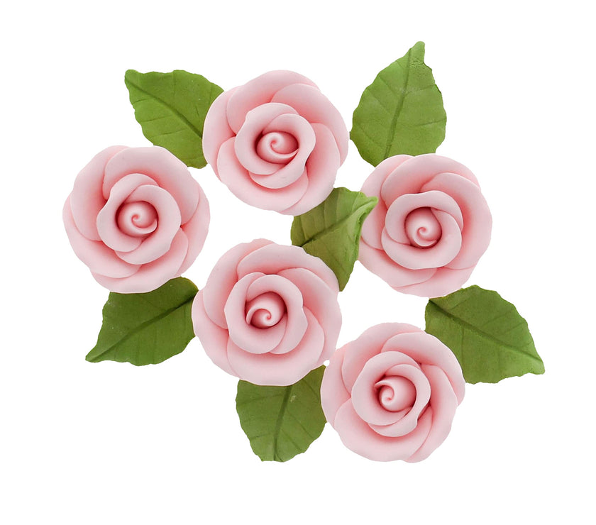 Premium Edible Roses with Leaves, Edible Sugar Cake & Cupcake Flower Kit, by Global Sugar Art, Pink