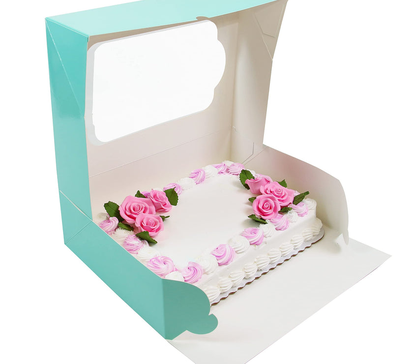 Global Sugar Art Quarter Sheet Cake Box with Window, Auto Popup, 14 x 10 x 4 Inches