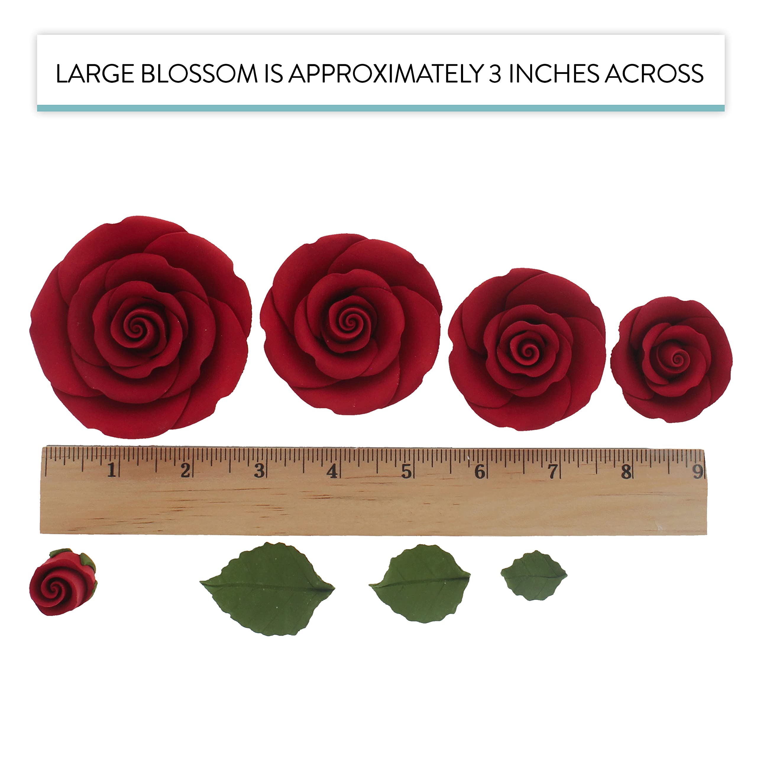 Exquisite Rose & Leaf Kit, Sugar Cake Flowers by Global Sugar Art, Red Roses with Leaves, 65-Piece Set
