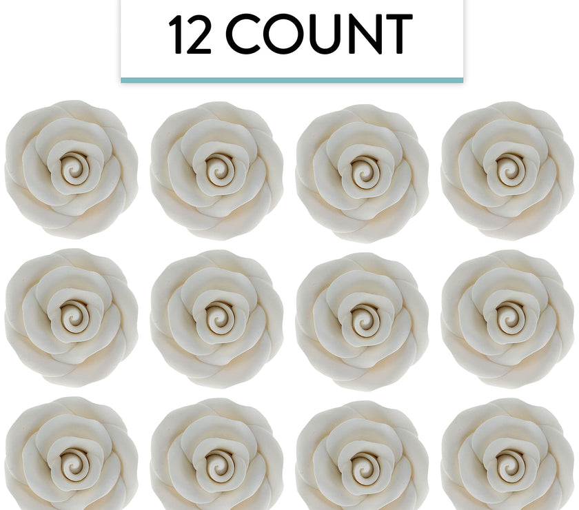 Deluxe White Roses for Cake Decorating, Premium Unwired Sugar Flowers by Global Sugar Art, White, Large