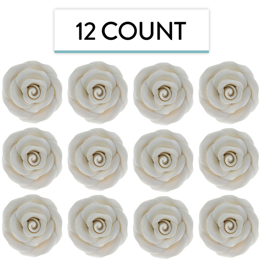Deluxe White Roses for Cake Decorating, Premium Unwired Sugar Flowers by Global Sugar Art, White, Large
