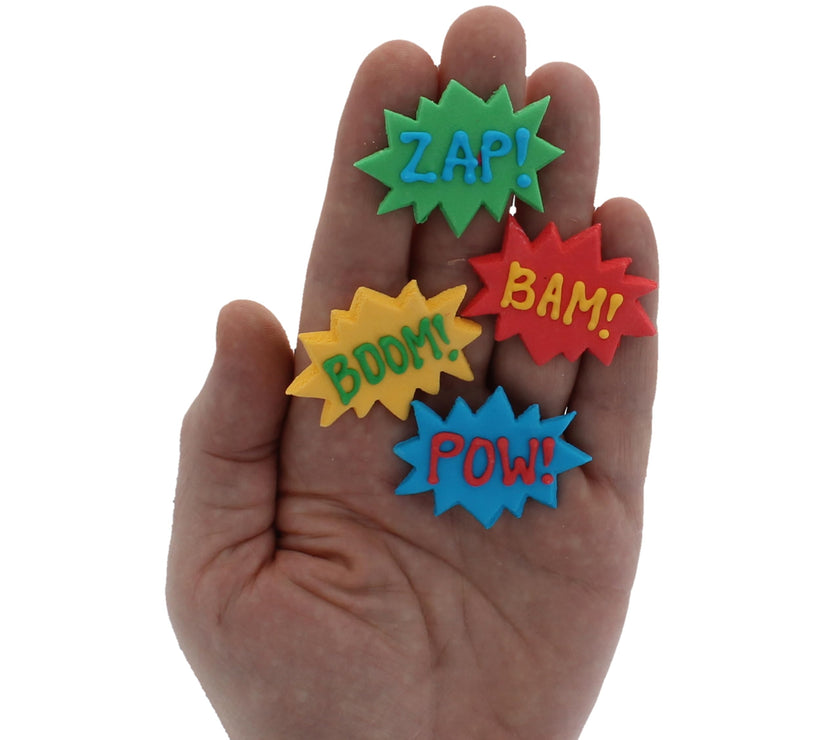 Super Power Comic Book Action Words, Edible Kosher Royal Icing Decorations for Cakes, Cupcakes and Cookies, by Global Sugar Art, 24 Count
