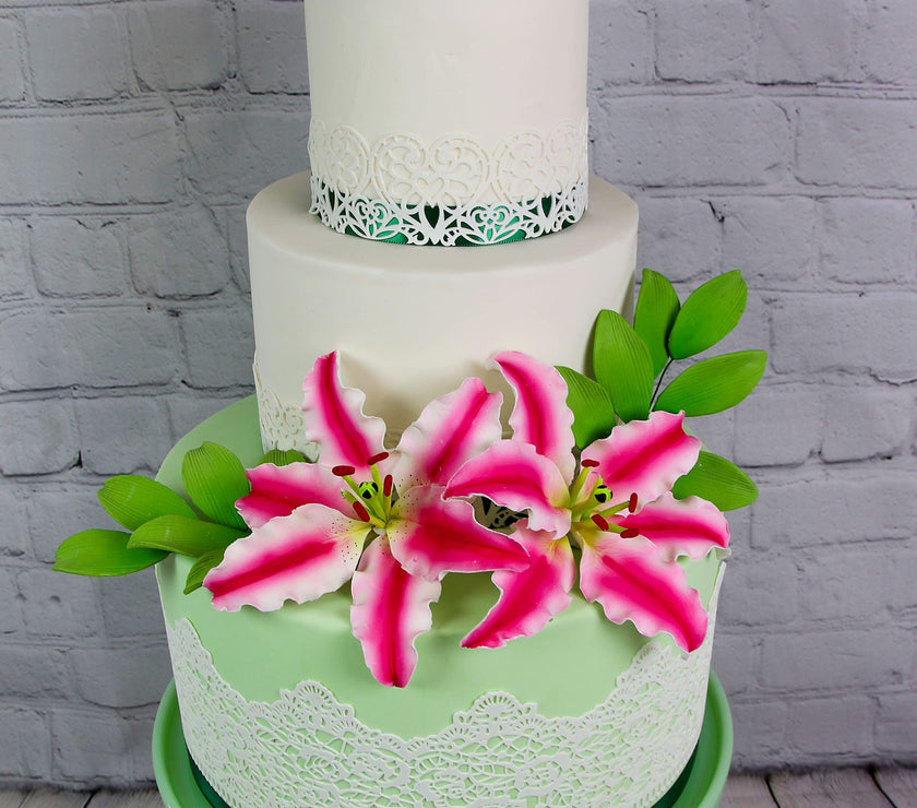 Stargazer Lily Sugar Flowers with Leaf Sprays by Global Sugar Art, Pink and White, 3 Count