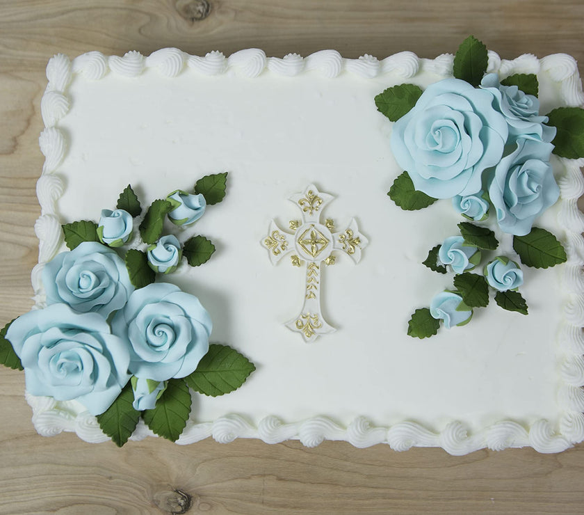 Exquisite Rose & Leaf Kit, Sugar Cake Flowers by Global Sugar Art, Baby Blue Roses with Leaves, 15-Piece Set
