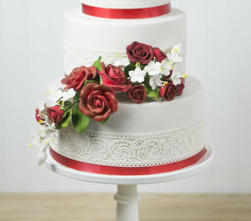 Classic Tea Rose Sugar Cake Flowers, by Global Sugar Art, Wired, Red with Green Calyx, Small