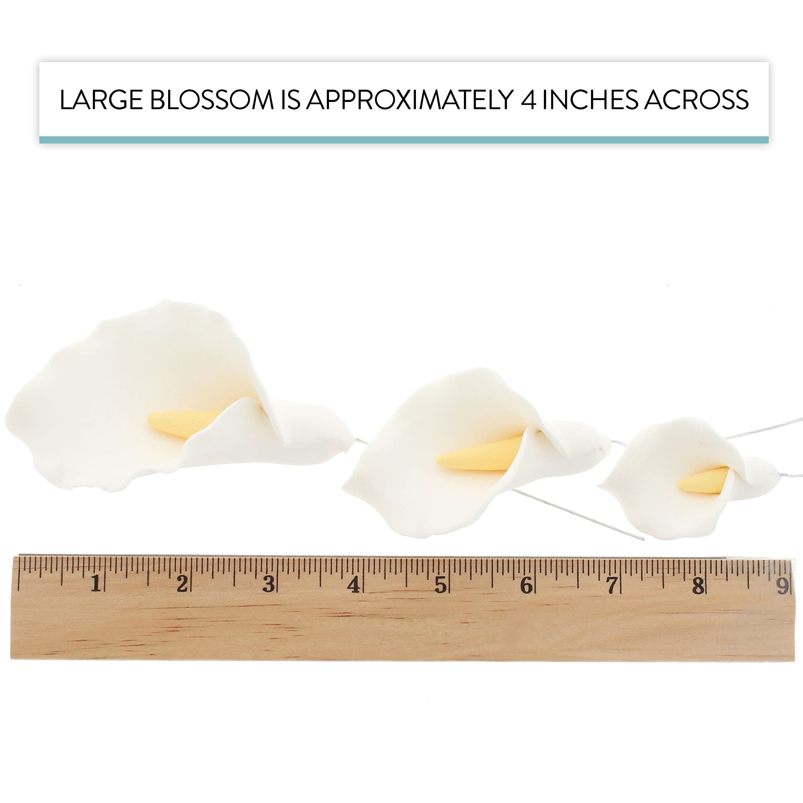 Calla Lily Sugar Cake Flowers by Global Sugar Art, White with Yellow, Wired, 3 Sizes, 6 Count