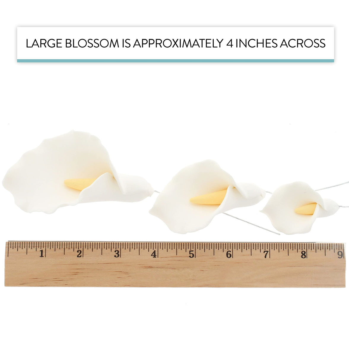 Calla Lily Sugar Cake Flowers by Global Sugar Art, White with Yellow, Wired, 3 Sizes, 6 Count