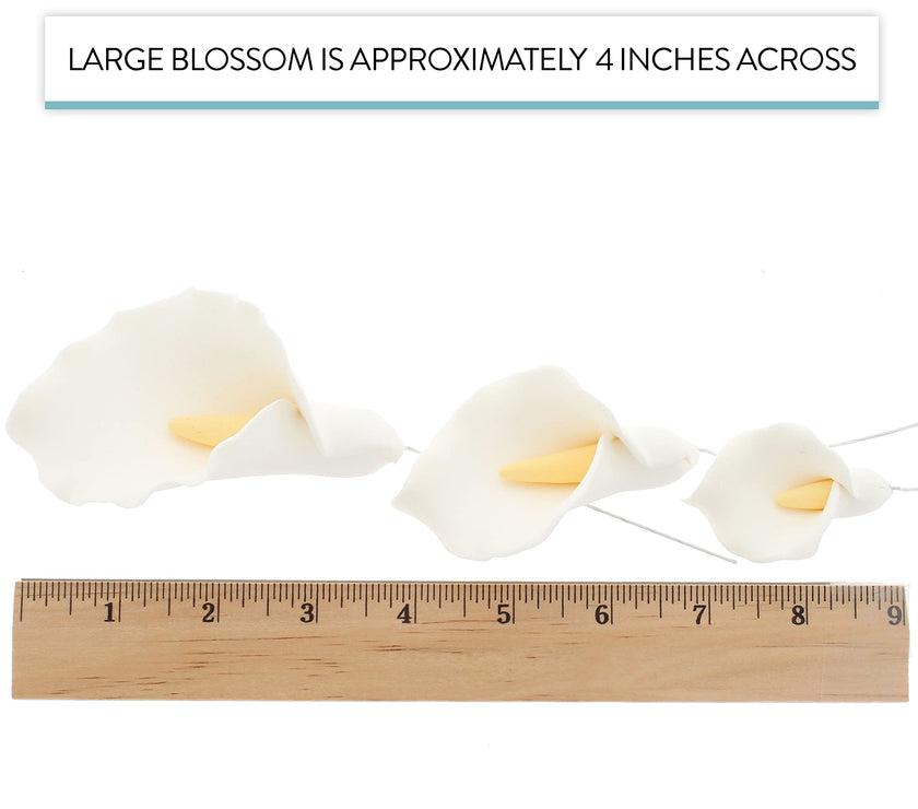Calla Lily Sugar Cake Flowers by Global Sugar Art, White with Yellow, Wired, 3 Sizes, 6 Count