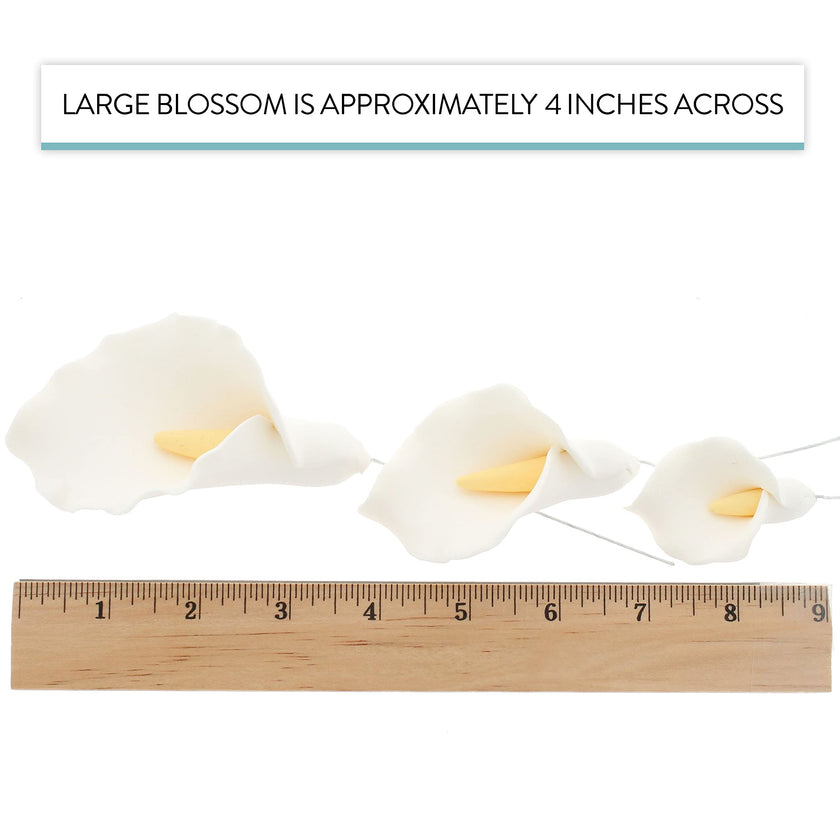 Calla Lily Sugar Cake Flowers by Global Sugar Art, White with Yellow, Wired, 3 Sizes, 6 Count